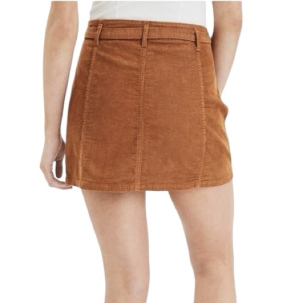 American Eagle High Rise A Line Corduroy Y2K Button Front Belted Tie Waist Skirt - Picture 3 of 9